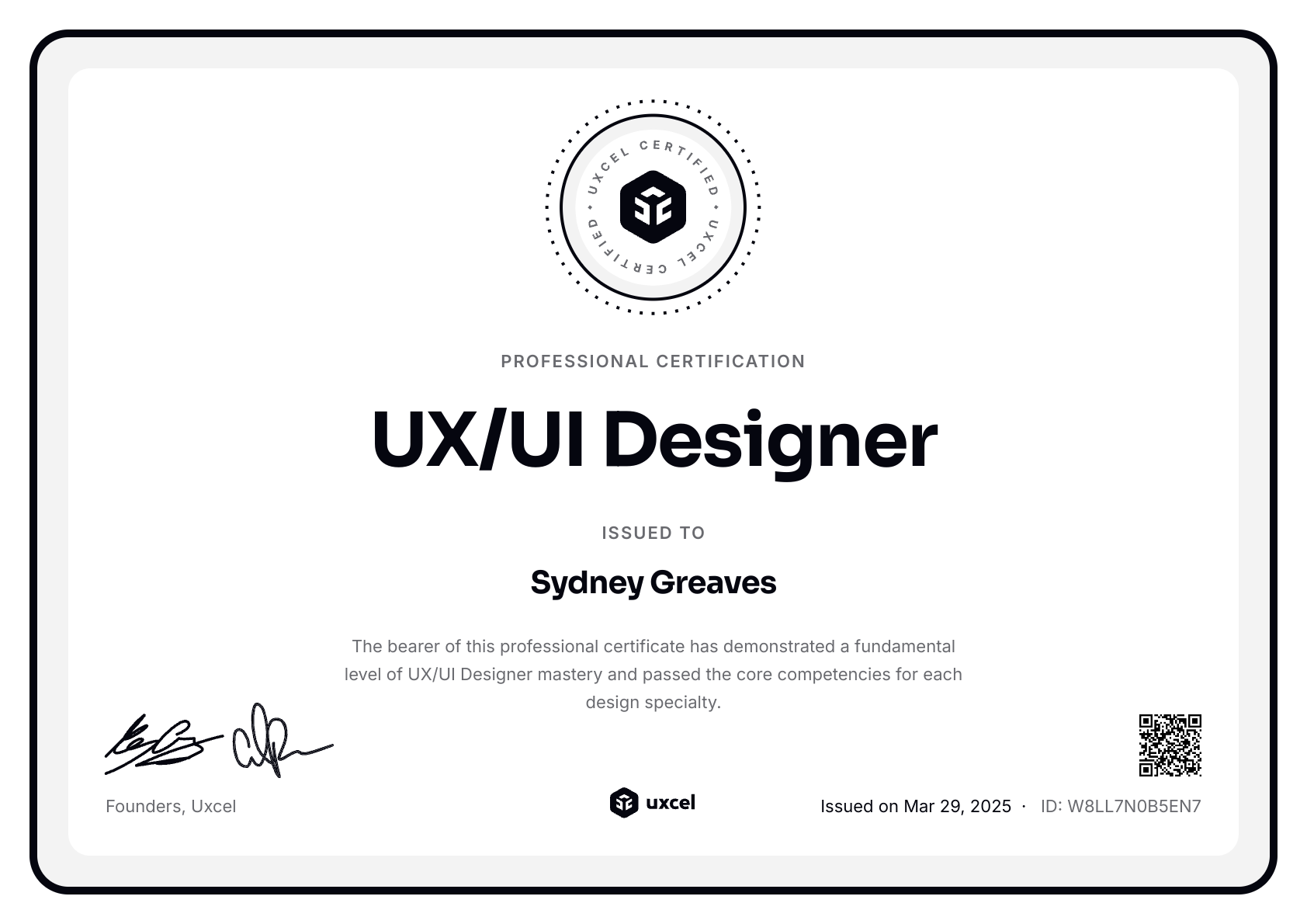 Sydney Greaves's certificate